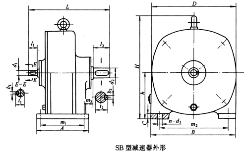 SB系列雙擺線針輪減速機外形及安裝尺寸、針齒中心圓直徑及傳動比